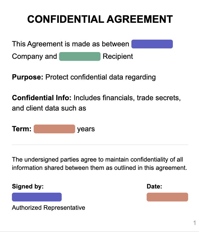 Example of Redacted Confidential Agreement in PDF - Sensitive information hidden